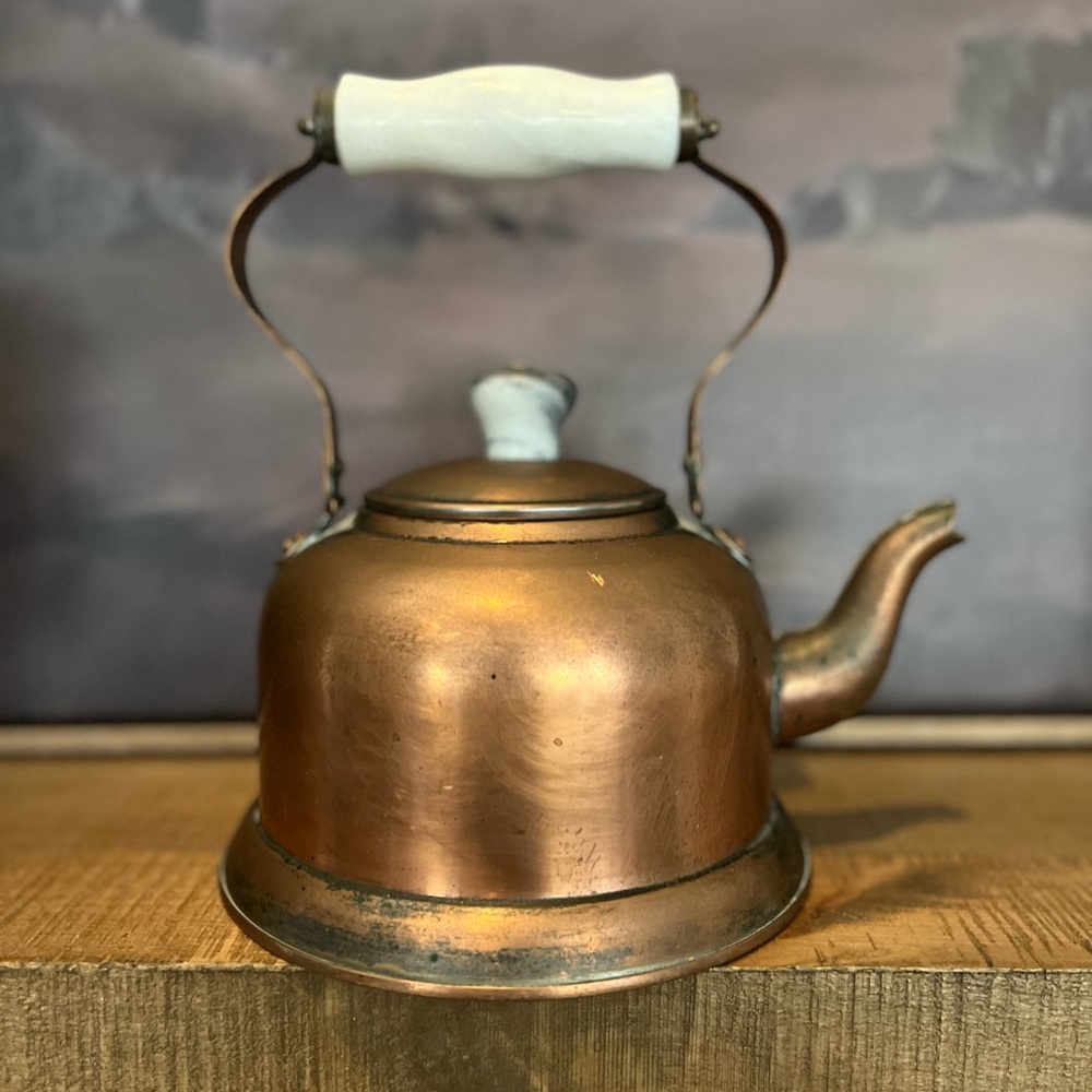 Vintage 1970s Copper Kettle White Ceramic Handle Vintage Kitchen Decor